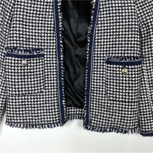 Zara NWOT black white & navy blue houndstooth textured tweed blazer jacket - Picture 7 of 9
